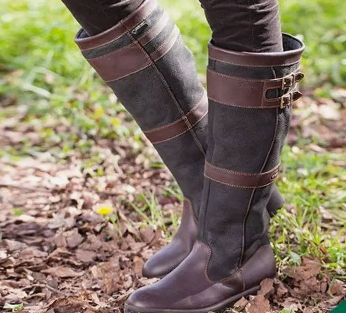 Women's Waterproof Double-Buckle Knee-High Pull-On Boots, Dark Grey - Coffee
