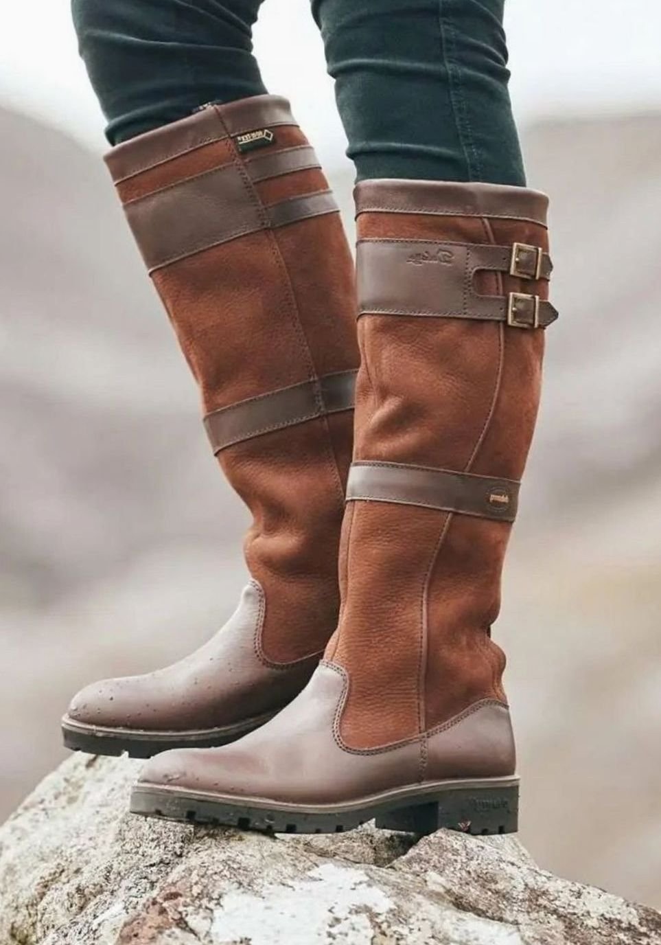 Women's Waterproof Double-Buckle Knee-High Pull-On Boots, Dark Grey - Brown