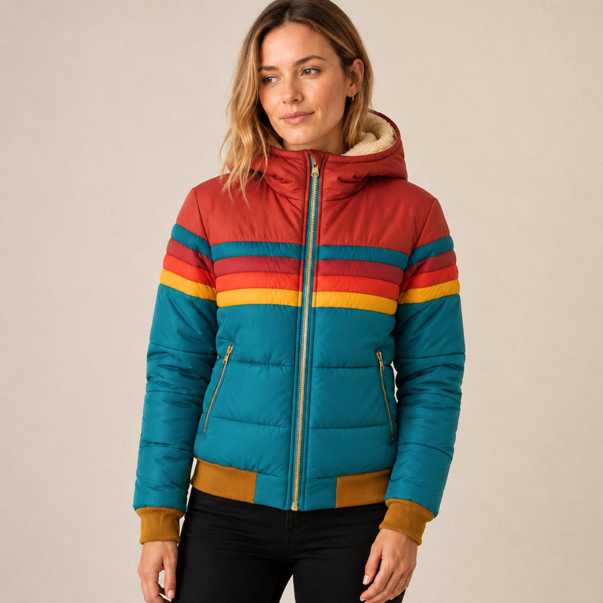 Women's Waterproof Hooded Striped Puffer Jacket - Blue