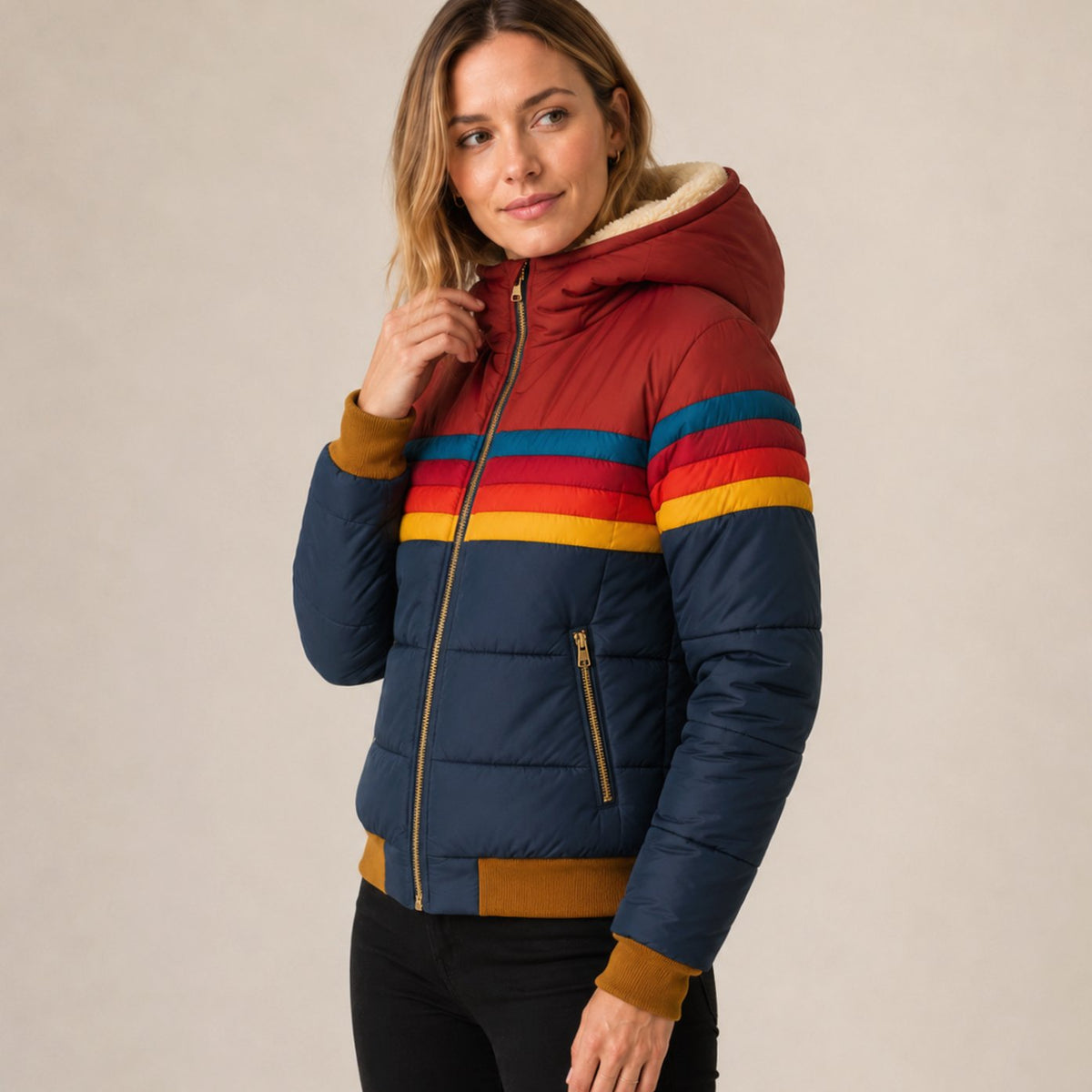 Women's Waterproof Hooded Striped Puffer Jacket