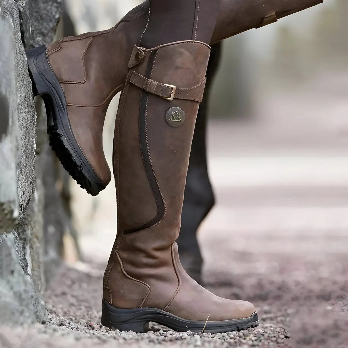 Women's Waterproof Leather Knee High Boots Buckle Detail - Dark Brown