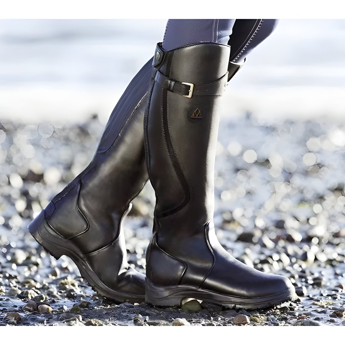 Women's Waterproof Leather Knee High Boots Buckle Detail - Black