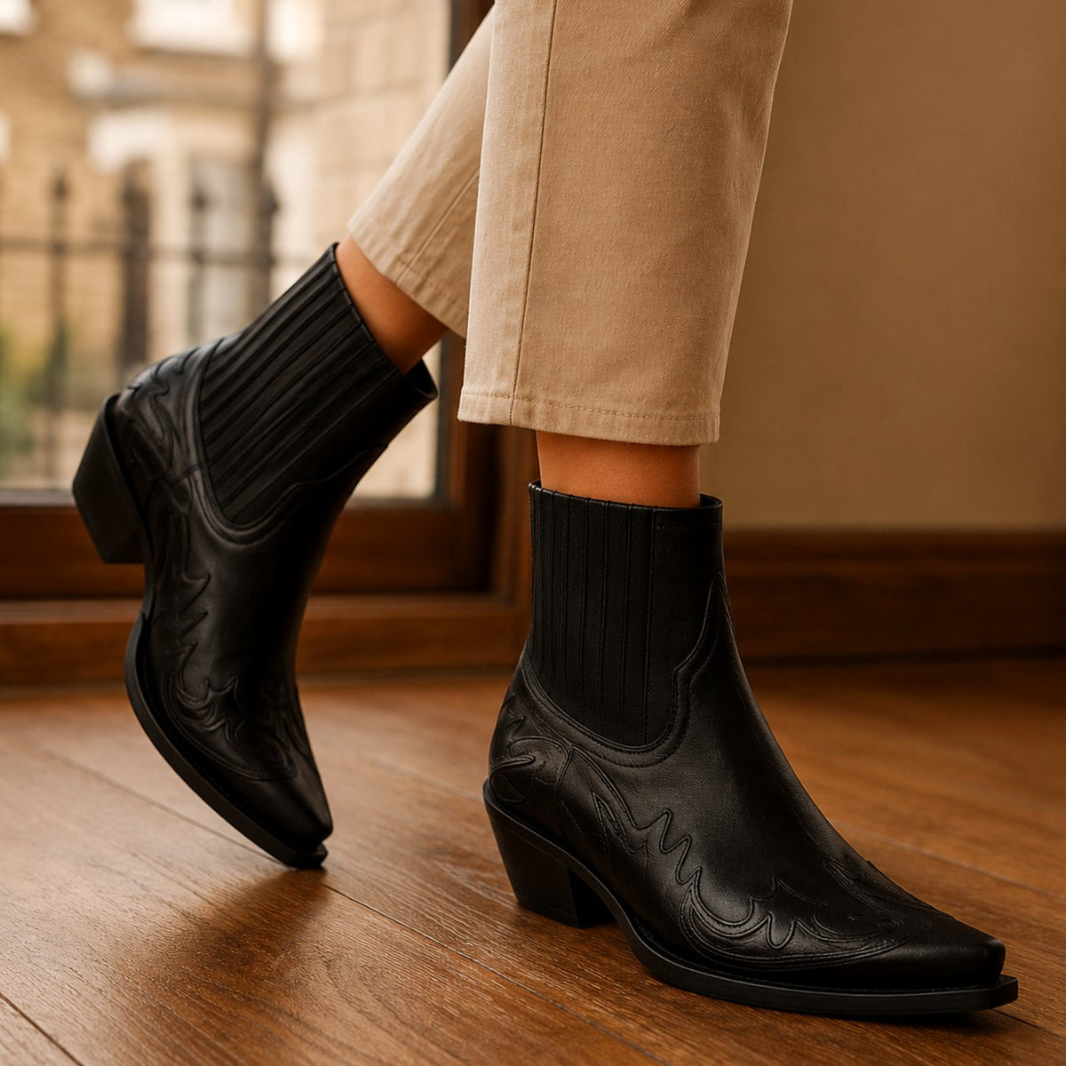 Women's Western Ankle Boots Pointed-Toe Block-Heel Leather - Black