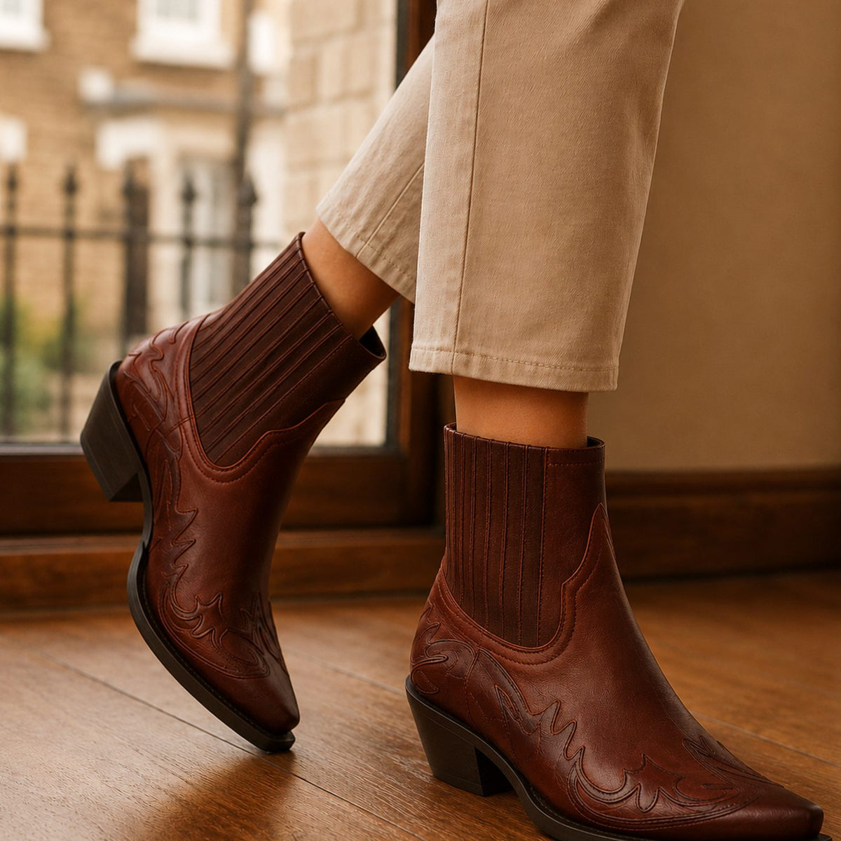 Women's Western Ankle Boots Pointed-Toe Block-Heel Leather - Brown