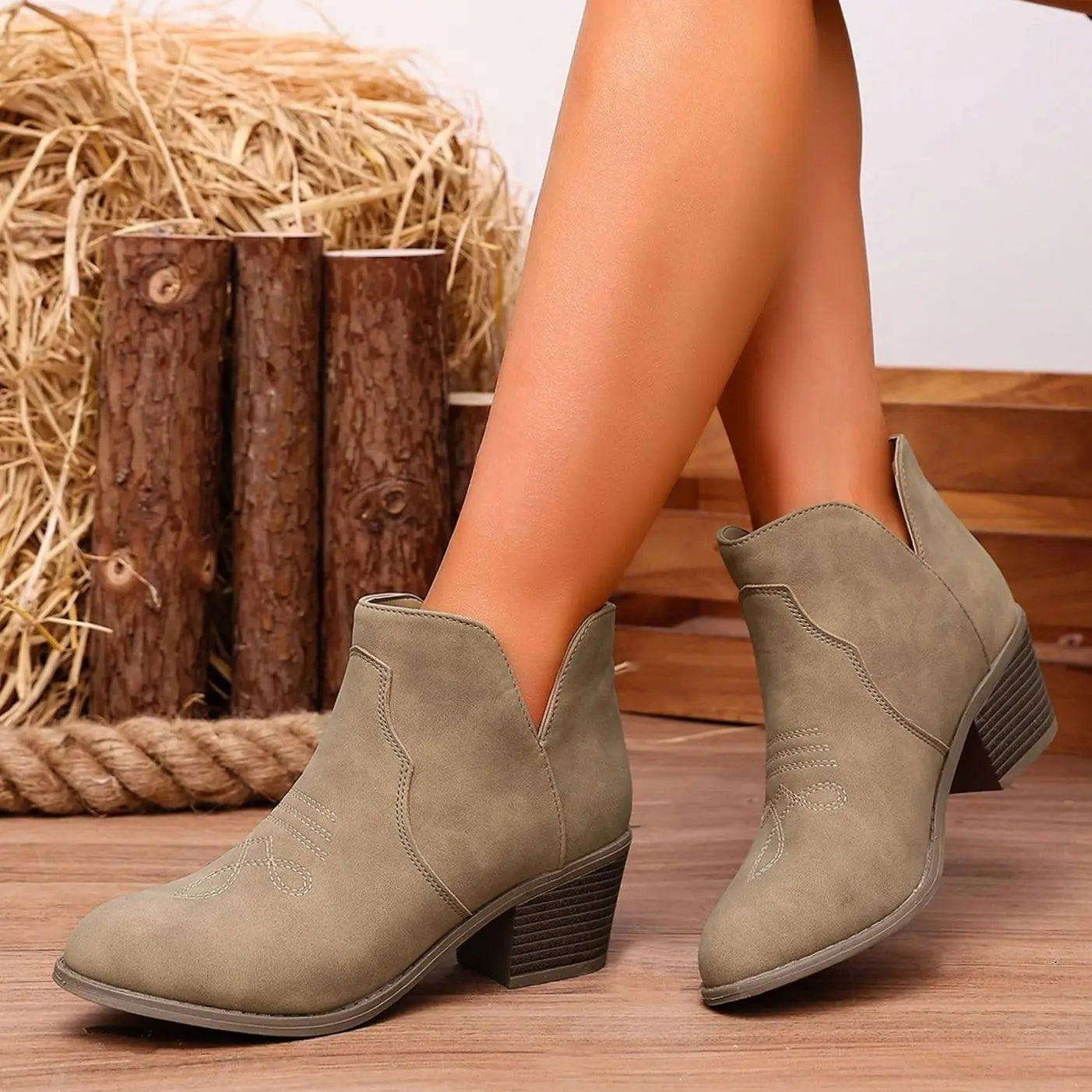Women's Western-Embroidered Block-Heel Ankle Boots - Khaki