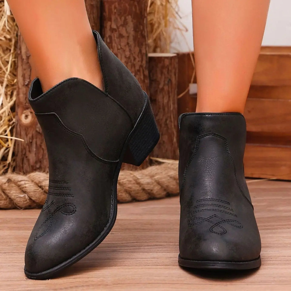 Women's Western-Embroidered Block-Heel Ankle Boots - Black