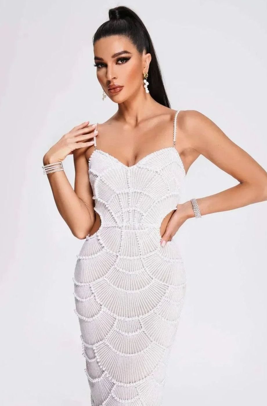 Women's White Sequin Cut-Out Spaghetti Strap Midi Party Dress