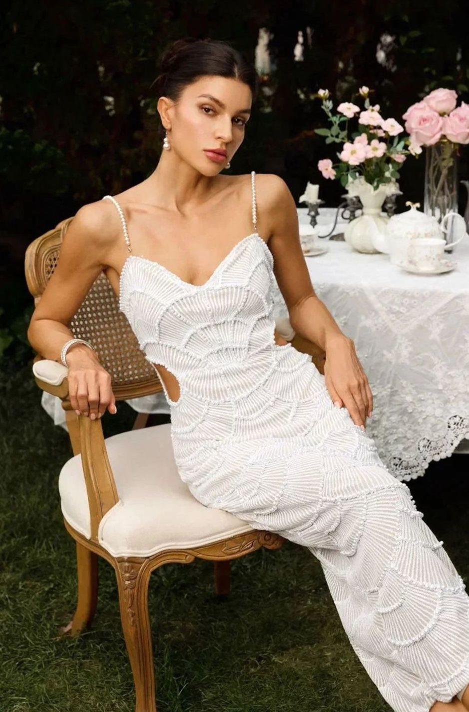 Women's White Sequin Cut-Out Spaghetti Strap Midi Party Dress