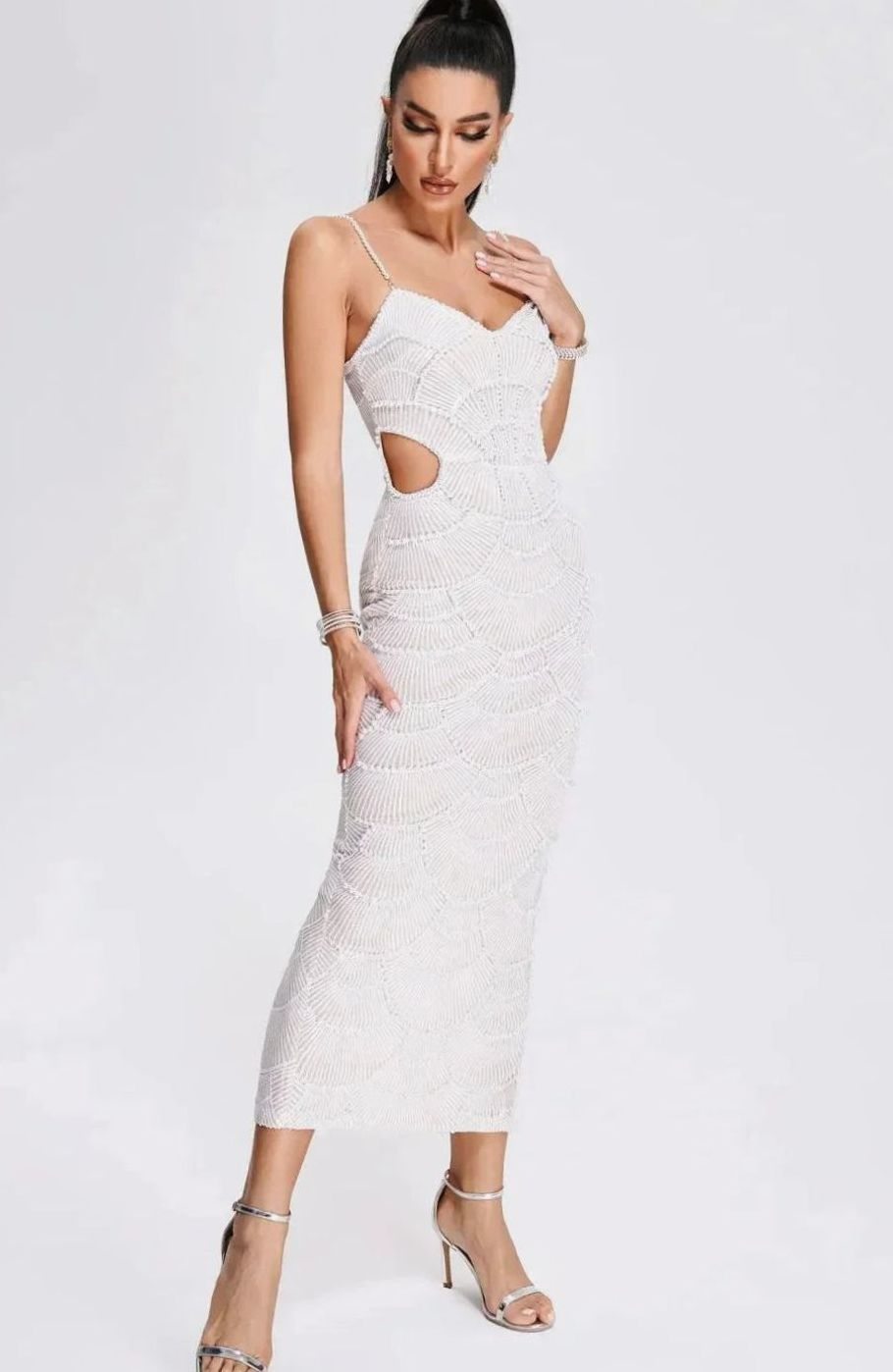 Women's White Sequin Cut-Out Spaghetti Strap Midi Party Dress
