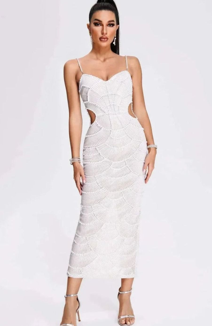 Women's White Sequin Cut-Out Spaghetti Strap Midi Party Dress