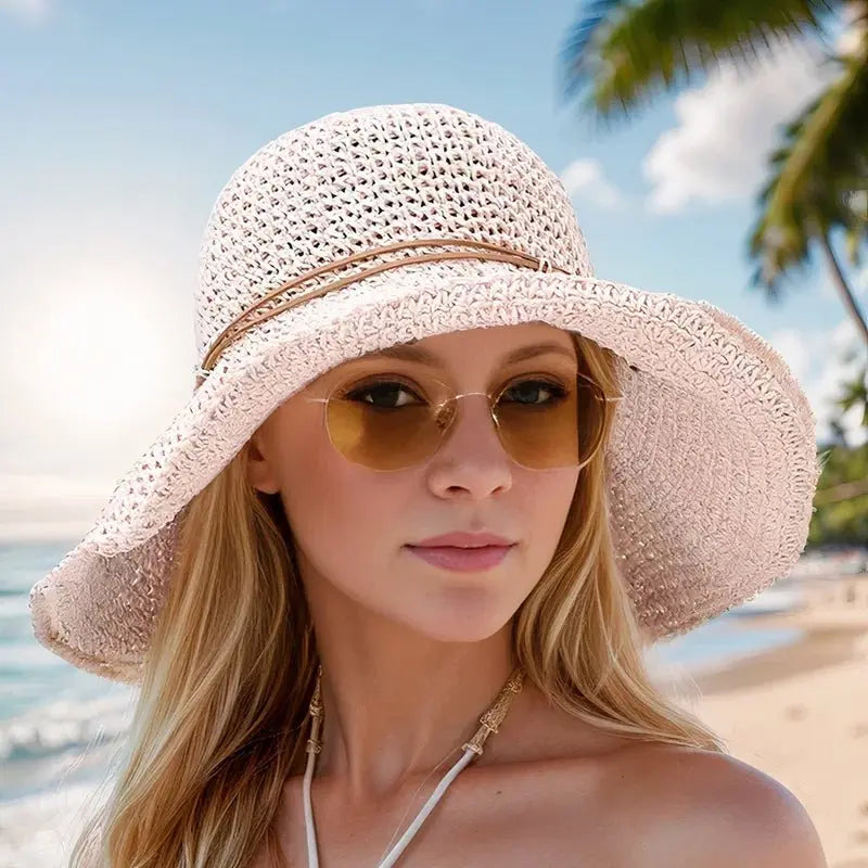 Women's Wide Brim Woven Straw Sun Hat Beach Summer - Cream