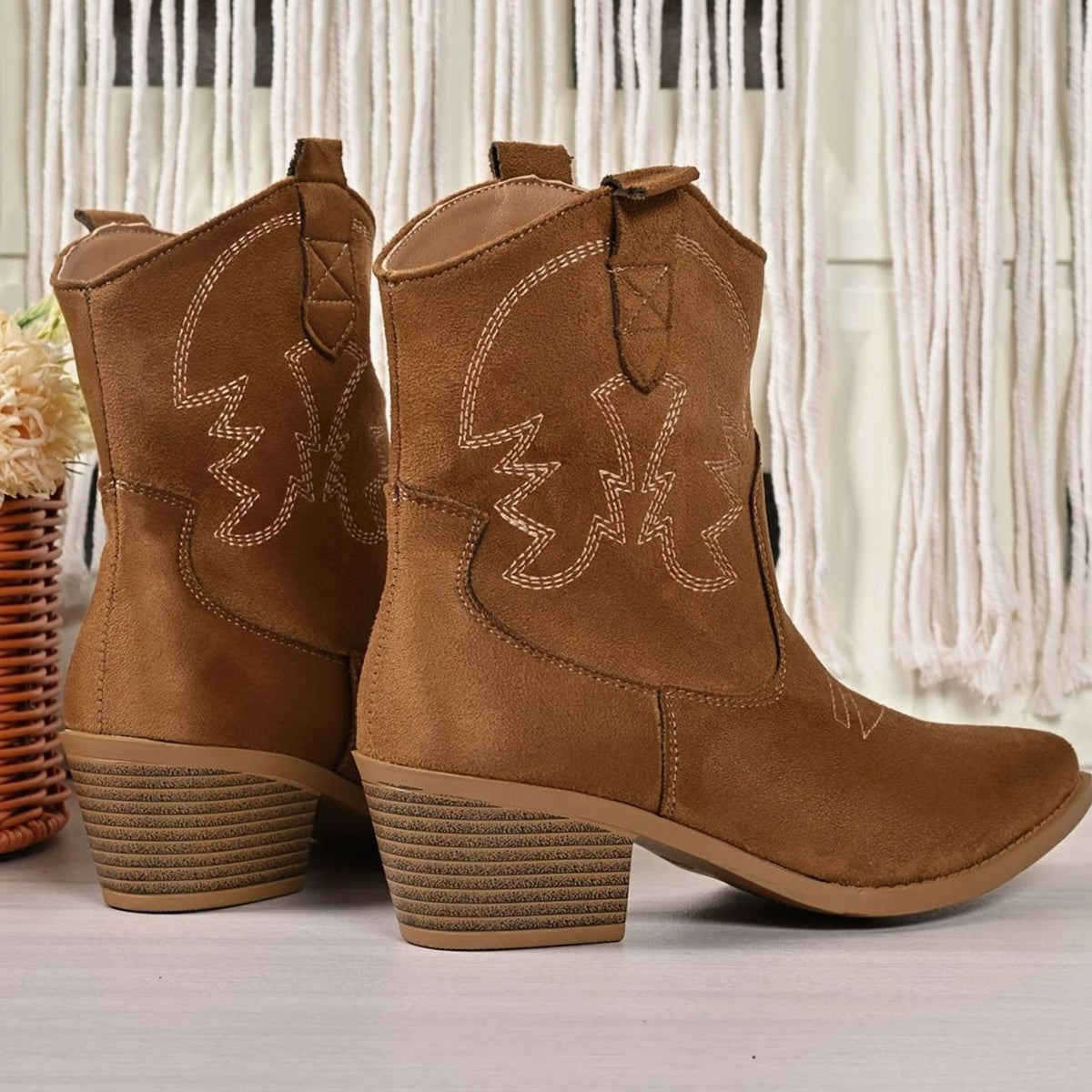 Women's Wide-Calf Embroidered Slip-On Western Cowboy Boots