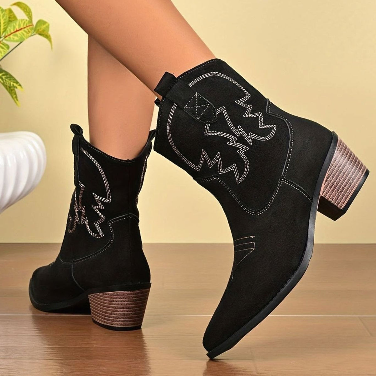 Women's Wide-Calf Embroidered Slip-On Western Cowboy Boots