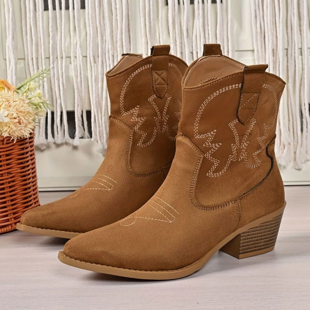 Women's Wide-Calf Embroidered Slip-On Western Cowboy Boots
