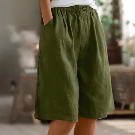 Women's Wide Leg Shorts High Waist Elastic Cotton - Army Green