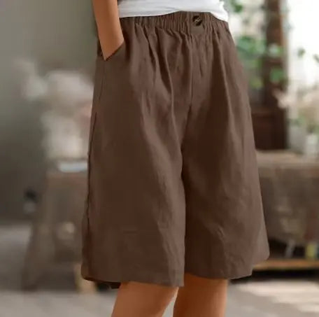 Women's Wide Leg Shorts High Waist Elastic Cotton - Brown