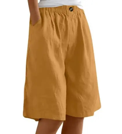 Women's Wide Leg Shorts High Waist Elastic Cotton - Earthy Yellow