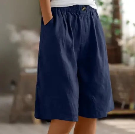 Women's Wide Leg Shorts High Waist Elastic Cotton - Navy Blue
