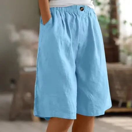 Women's Wide Leg Shorts High Waist Elastic Cotton - Sky Blue