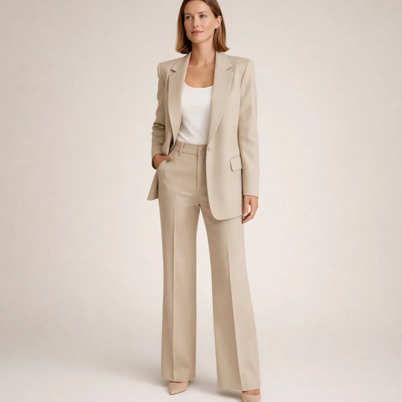 Women's Wide-Leg Tailored Blazer Trouser Suit Set - Beige