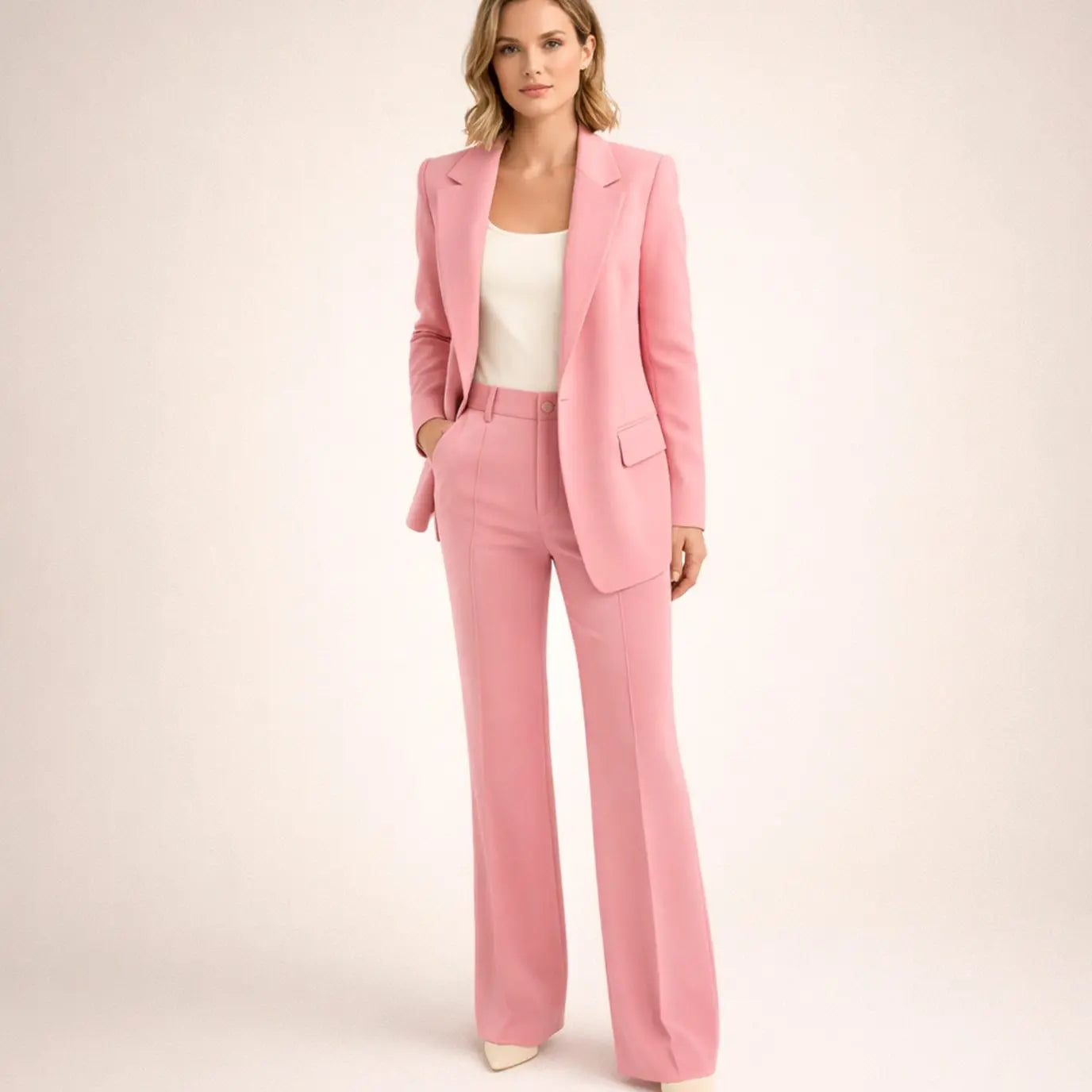 Women's Wide-Leg Tailored Blazer Trouser Suit Set - Pink