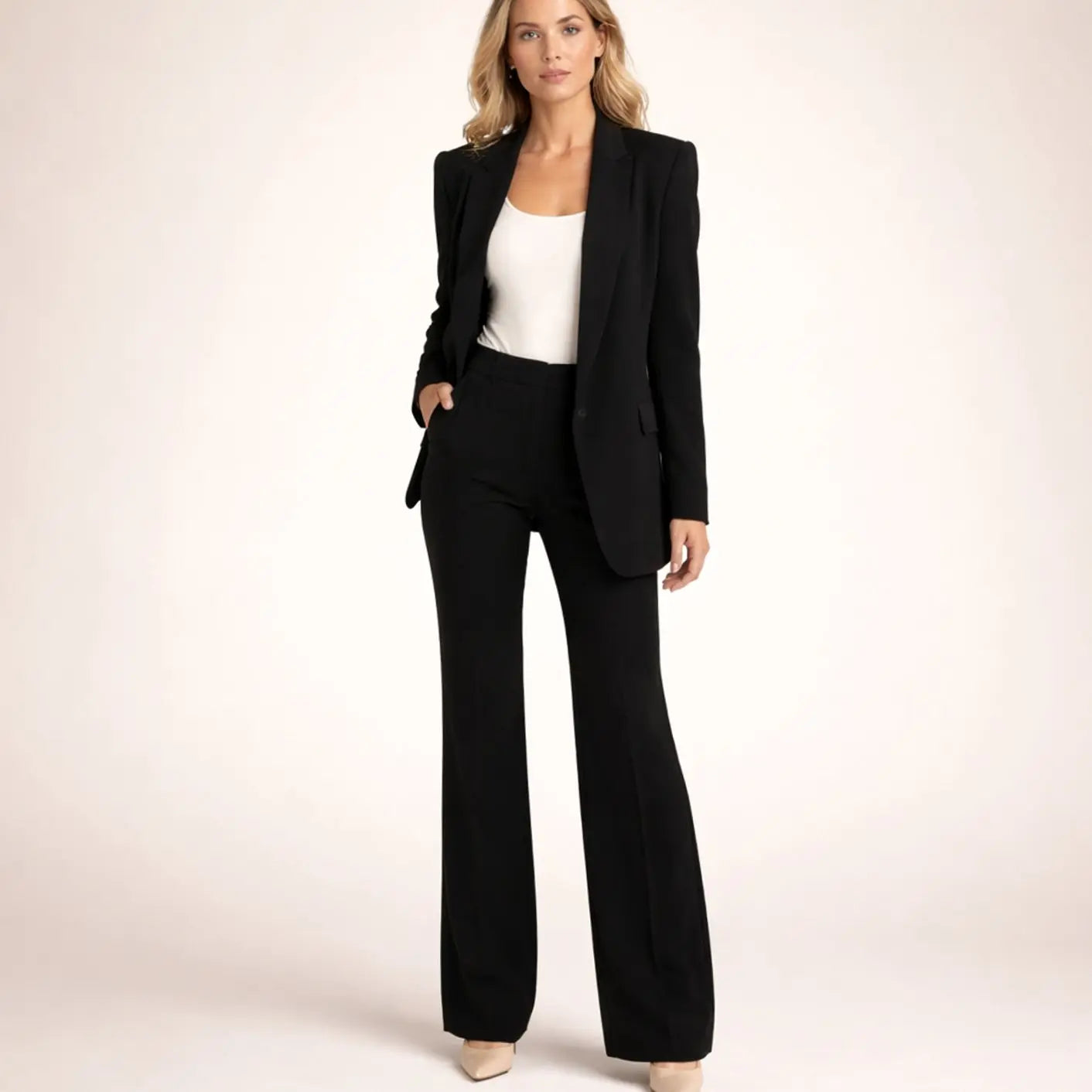 Women's Wide-Leg Tailored Blazer Trouser Suit Set - Black