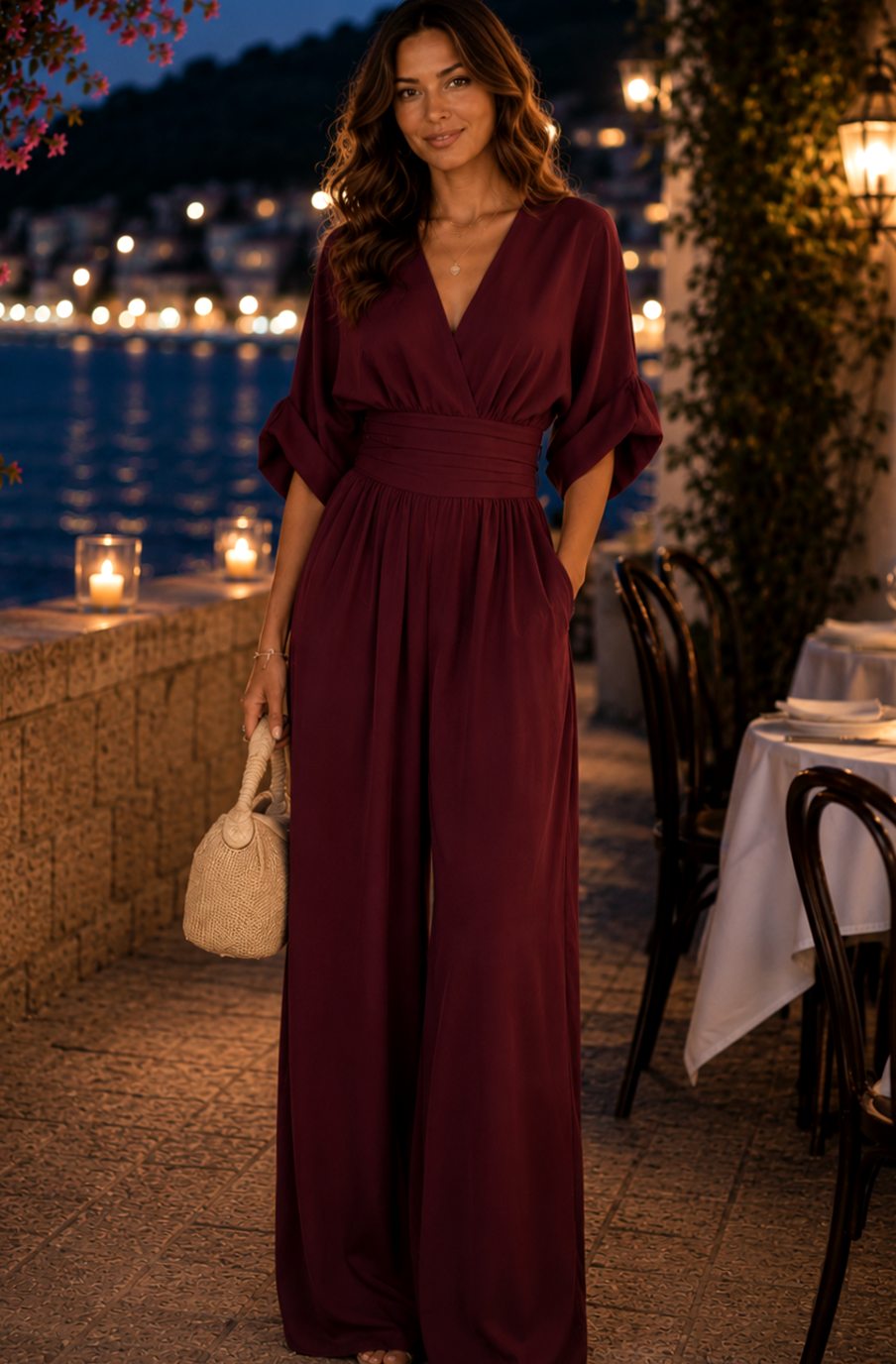 Women's Wide-Leg V-Neck Retro Jumpsuit, Mustard Yellow - Wine Red