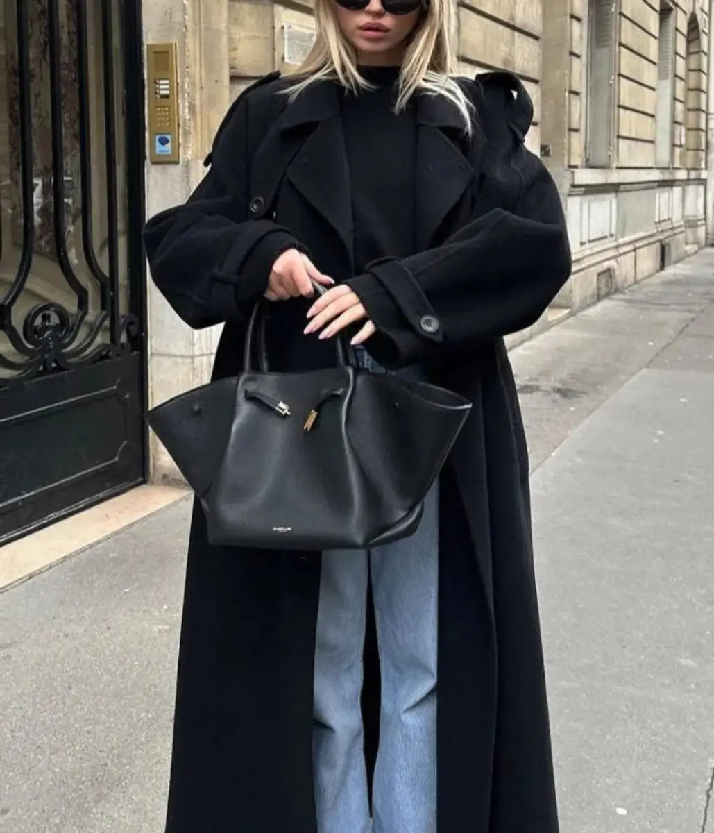 Women's Winter Coat Double-Breasted Belted Long Wool-Look Trench
