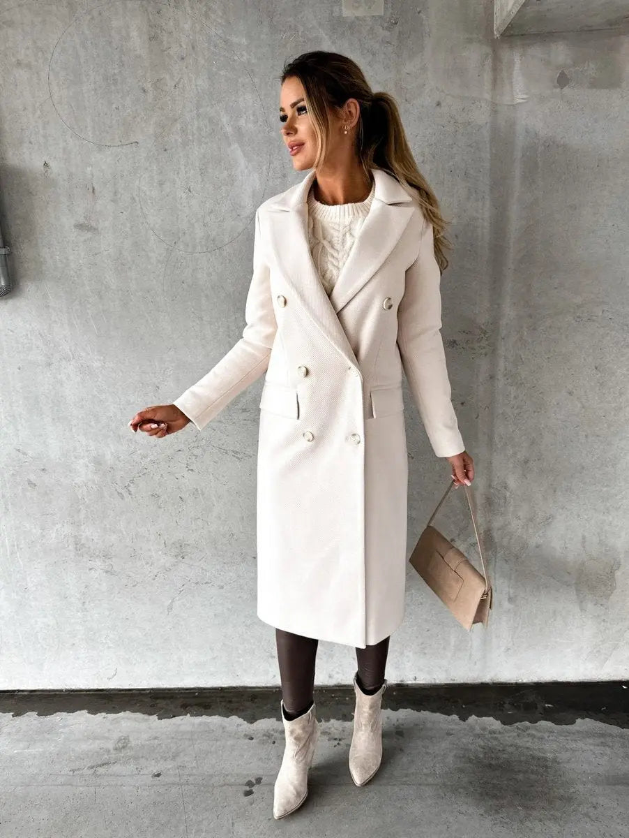 Women's Winter Coat Double-Breasted Longline Wool-Look Overcoat