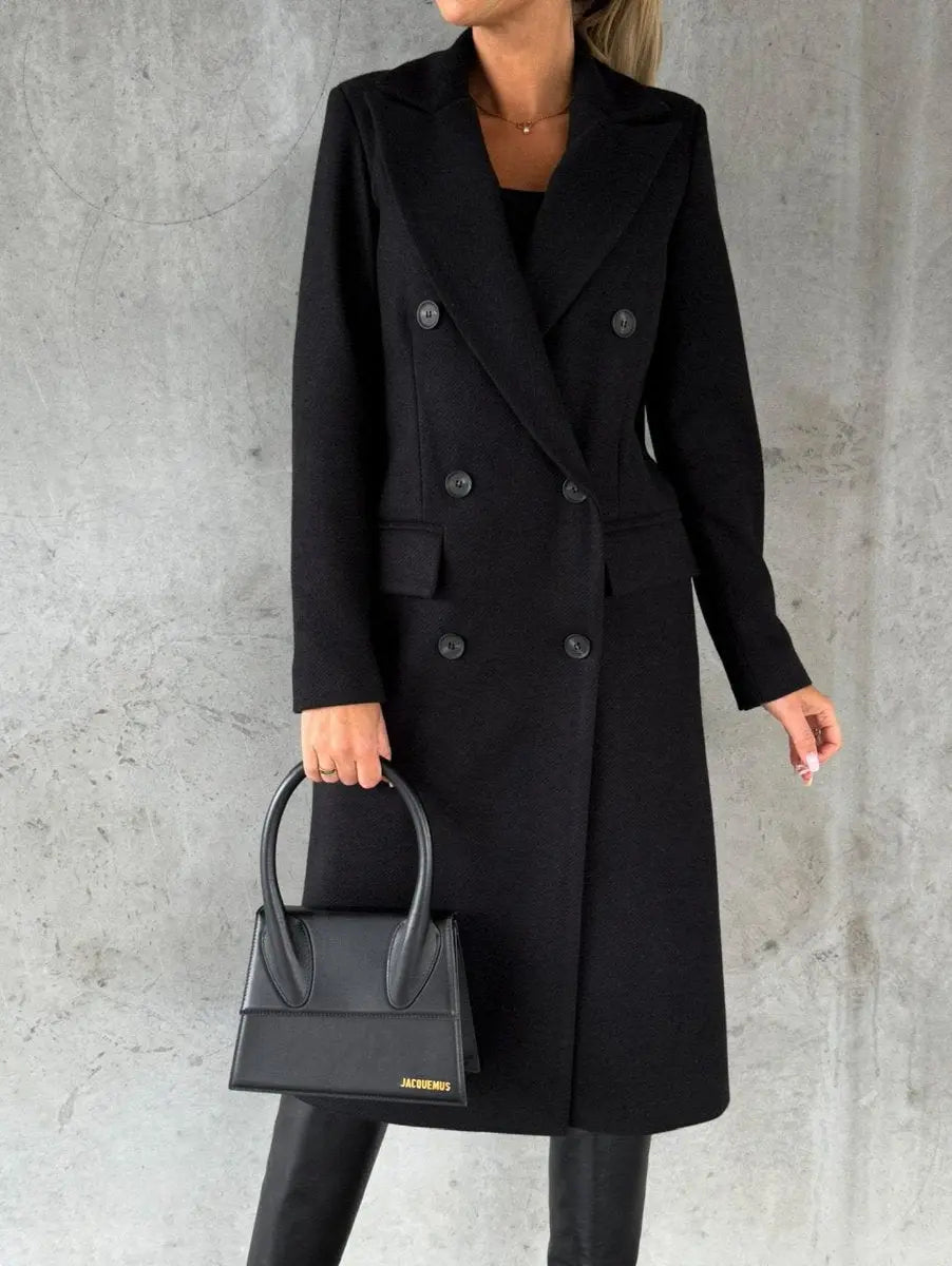 Women's Winter Coat Double-Breasted Longline Wool-Look Overcoat - Black