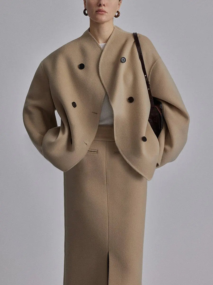 Women's Winter Coat Double Breasted Stand Collar Pea Coat - Khaki