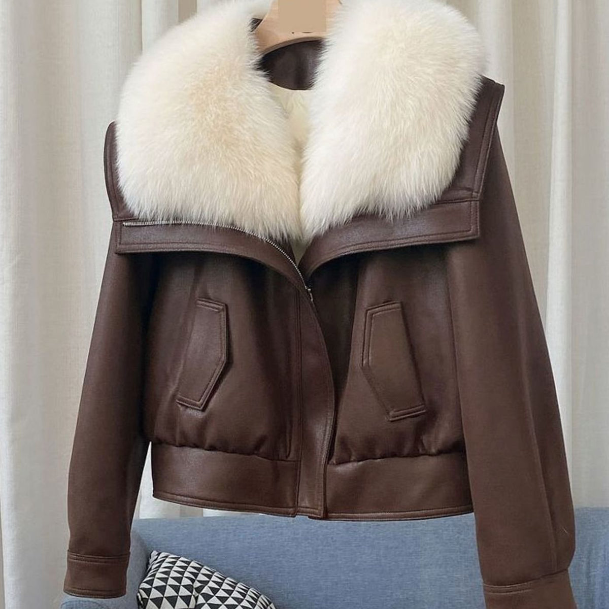 Women's Winter Coat Faux Leather Plush Fur Collar Cropped Jacket - Mocha