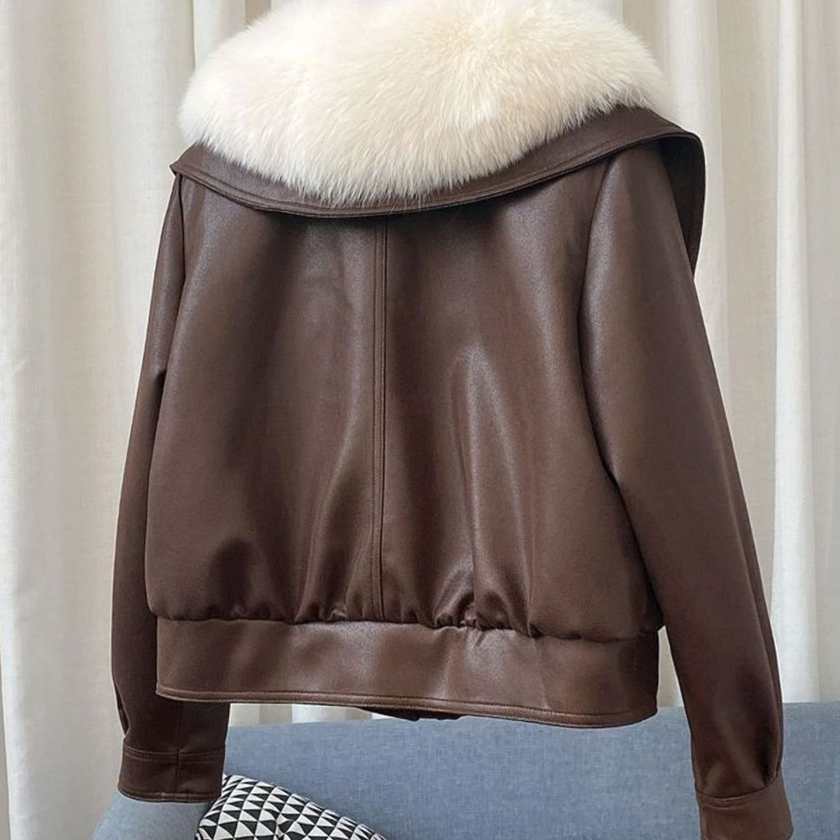 Women's Winter Coat Faux Leather Plush Fur Collar Cropped Jacket