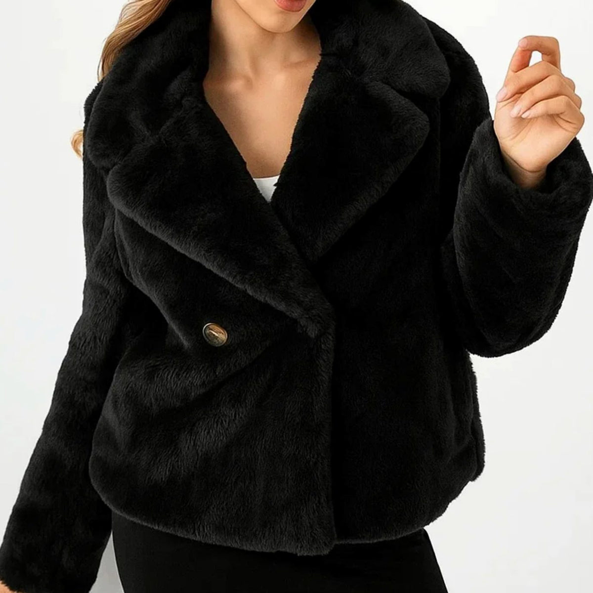 Women's Winter Coat Plush Faux-Fur Double-Breasted Lapel Jacket - Black