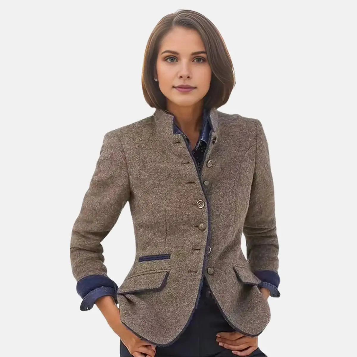Women's Winter Coat Tweed Blazer Jacket Stand Collar Button Front - Brown