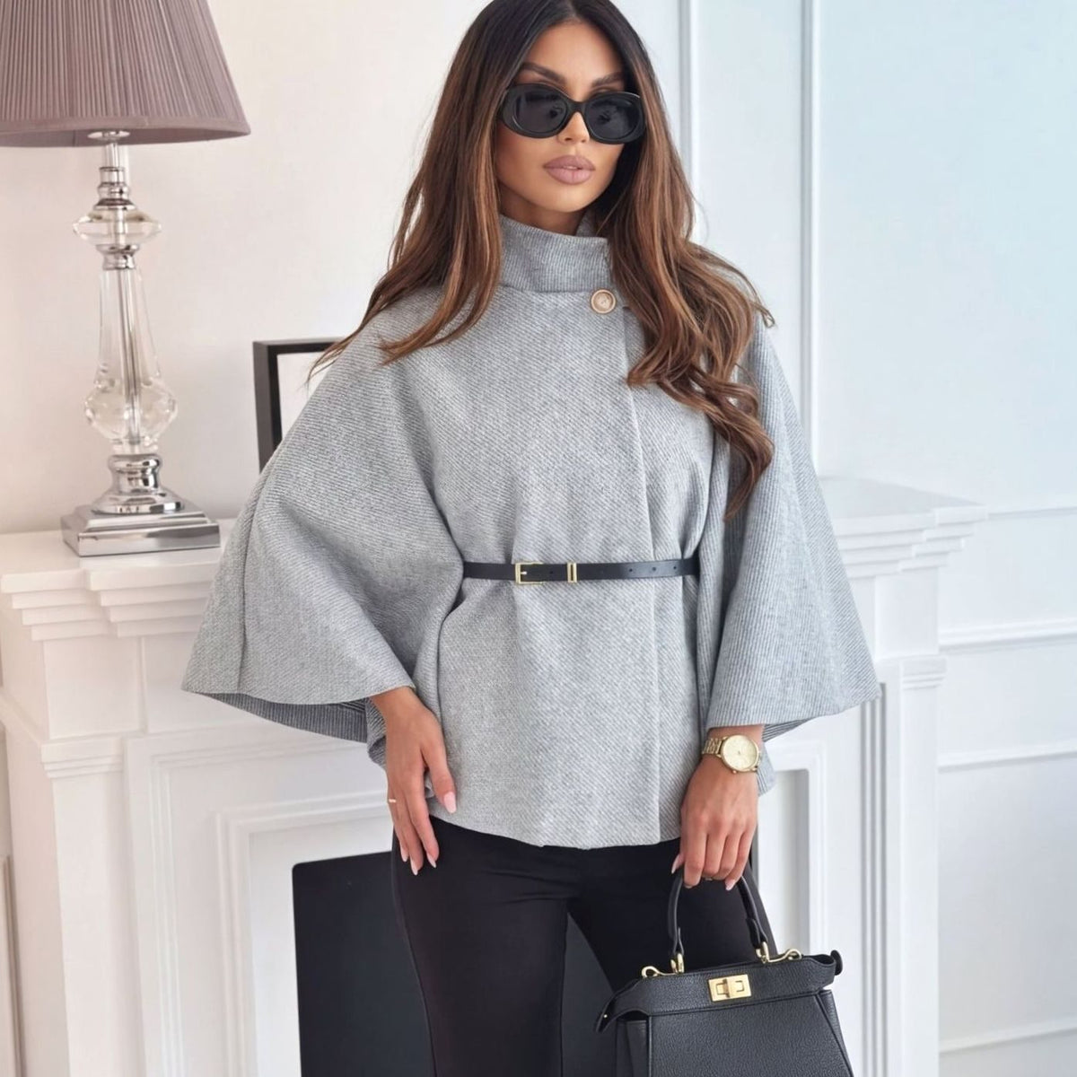 Women's Wool Blend Batwing Cape Belted Winter Coat Jacket - Grey