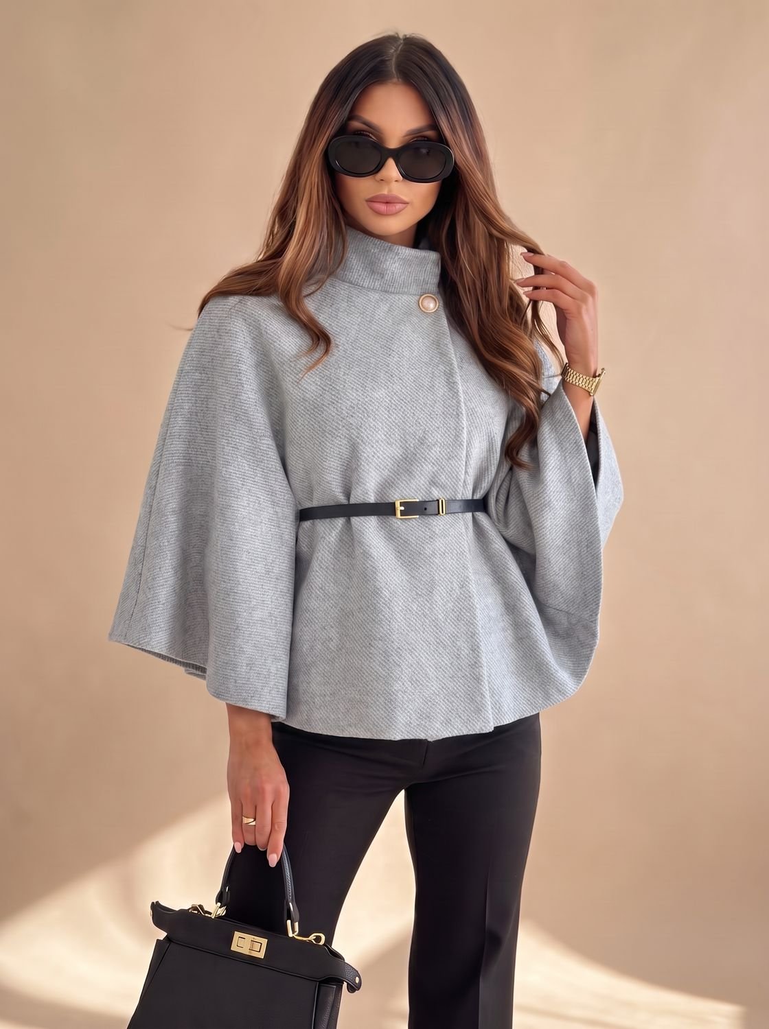 Women's Wool Blend Batwing-Sleeve Belted Cape Jacket - Grey