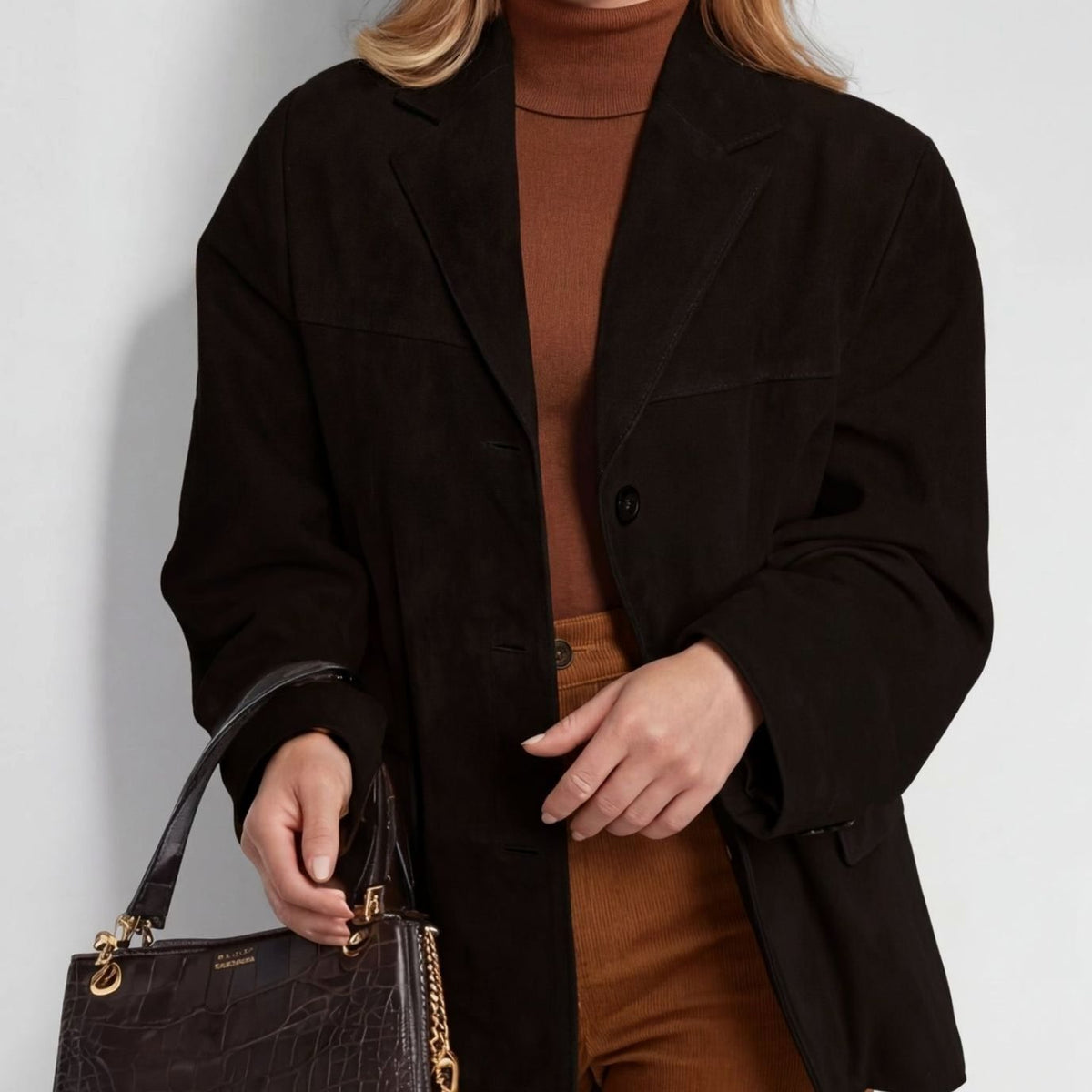 Women's Wool Blend Single-Breasted Lapel Overcoat - Black