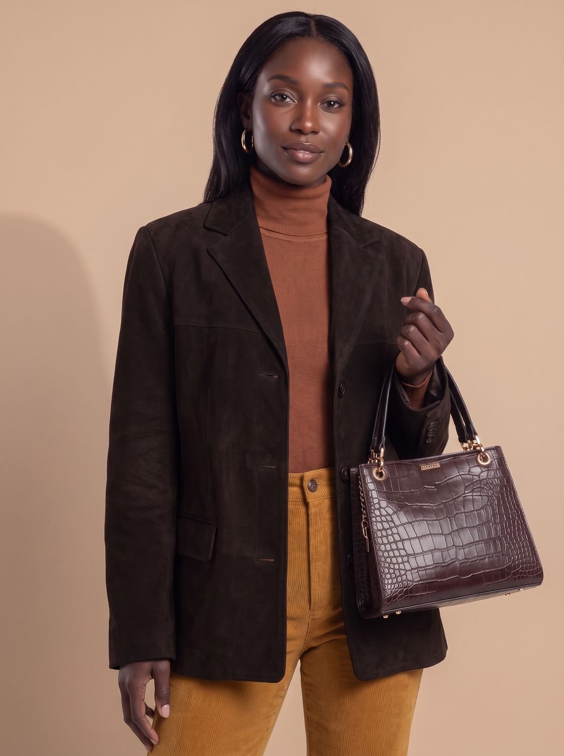 Women's Wool Blend Single-Breasted Lapel Overcoat, Brown - Black
