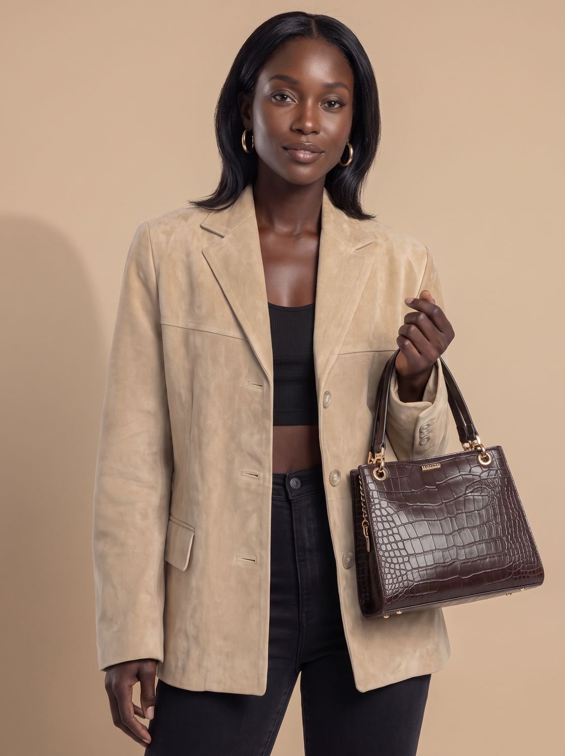 Women's Wool Blend Single-Breasted Lapel Overcoat, Brown - Cream