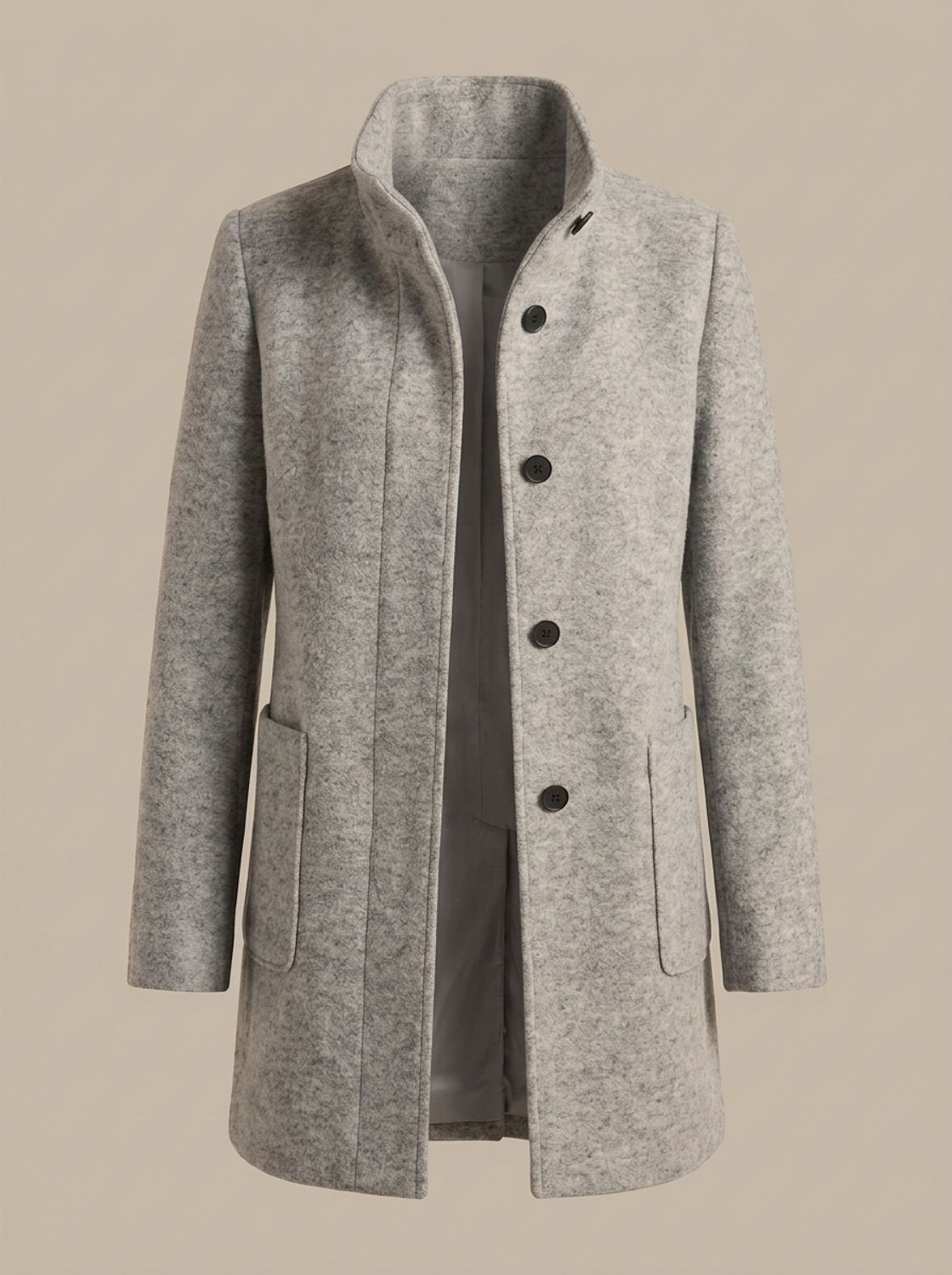 Women's Wool Blend Trench Coat High-Collar Button-Front Longline - Grey