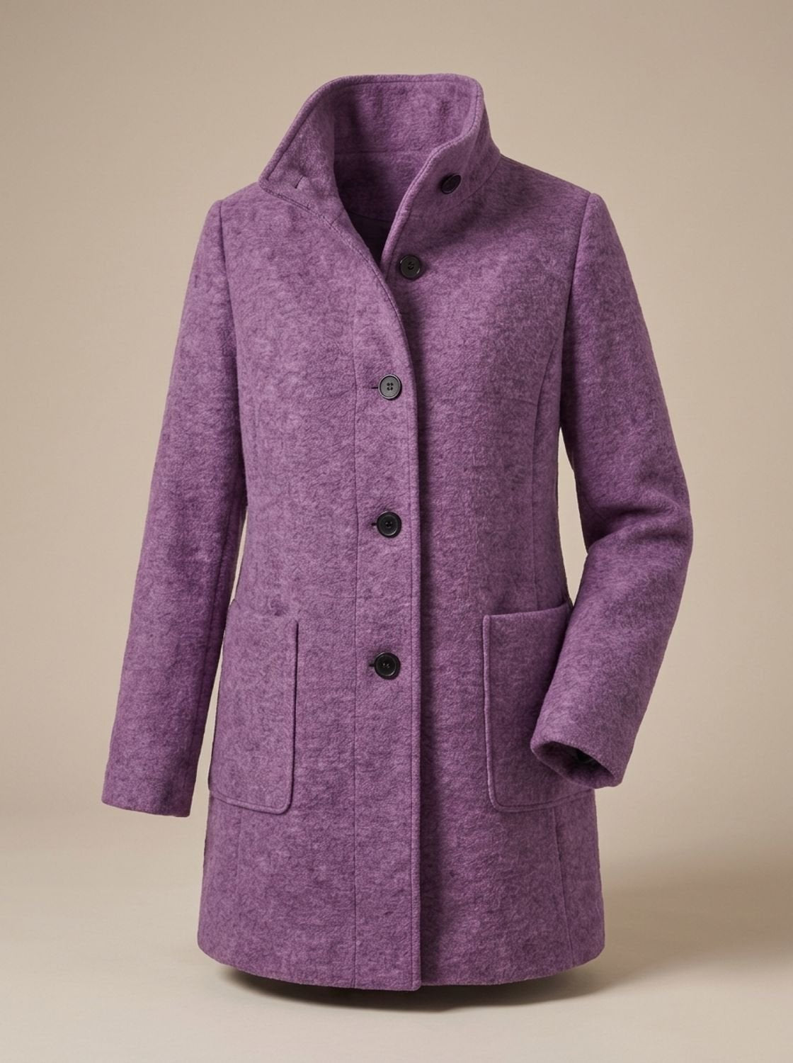Women's Wool Blend Trench Coat High-Collar Button-Front Longline - Purple