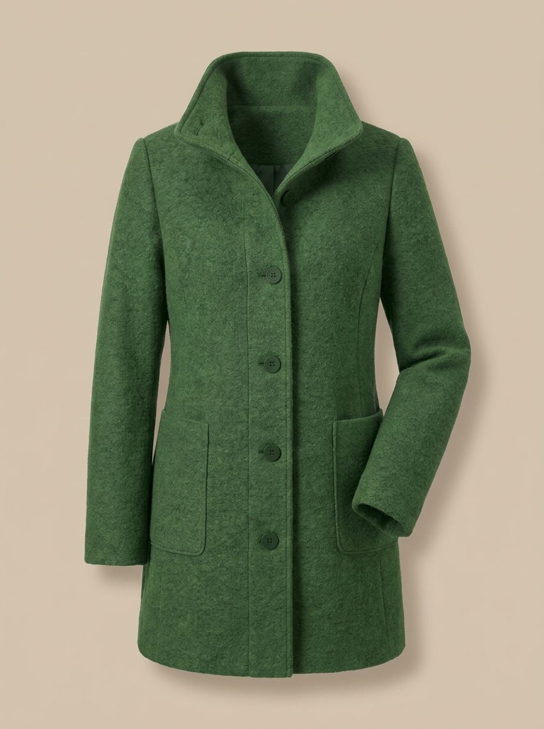 Women's Wool Blend Trench Coat High-Collar Button-Front Longline - Forest Green