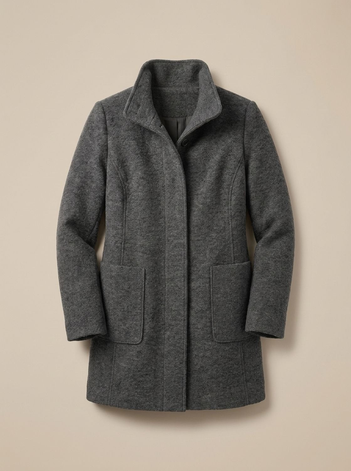 Women's Wool Blend Trench Coat High-Collar Button-Front Longline - Black
