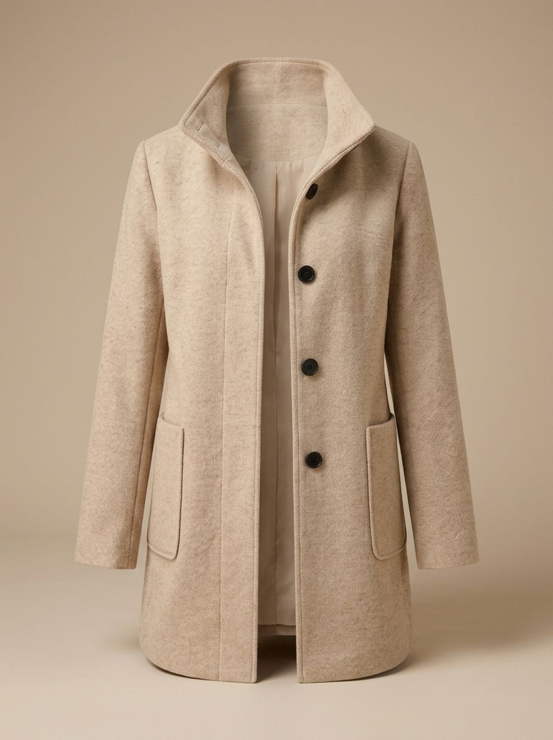Women's Wool Blend Trench Coat High-Collar Button-Front Longline - Beige