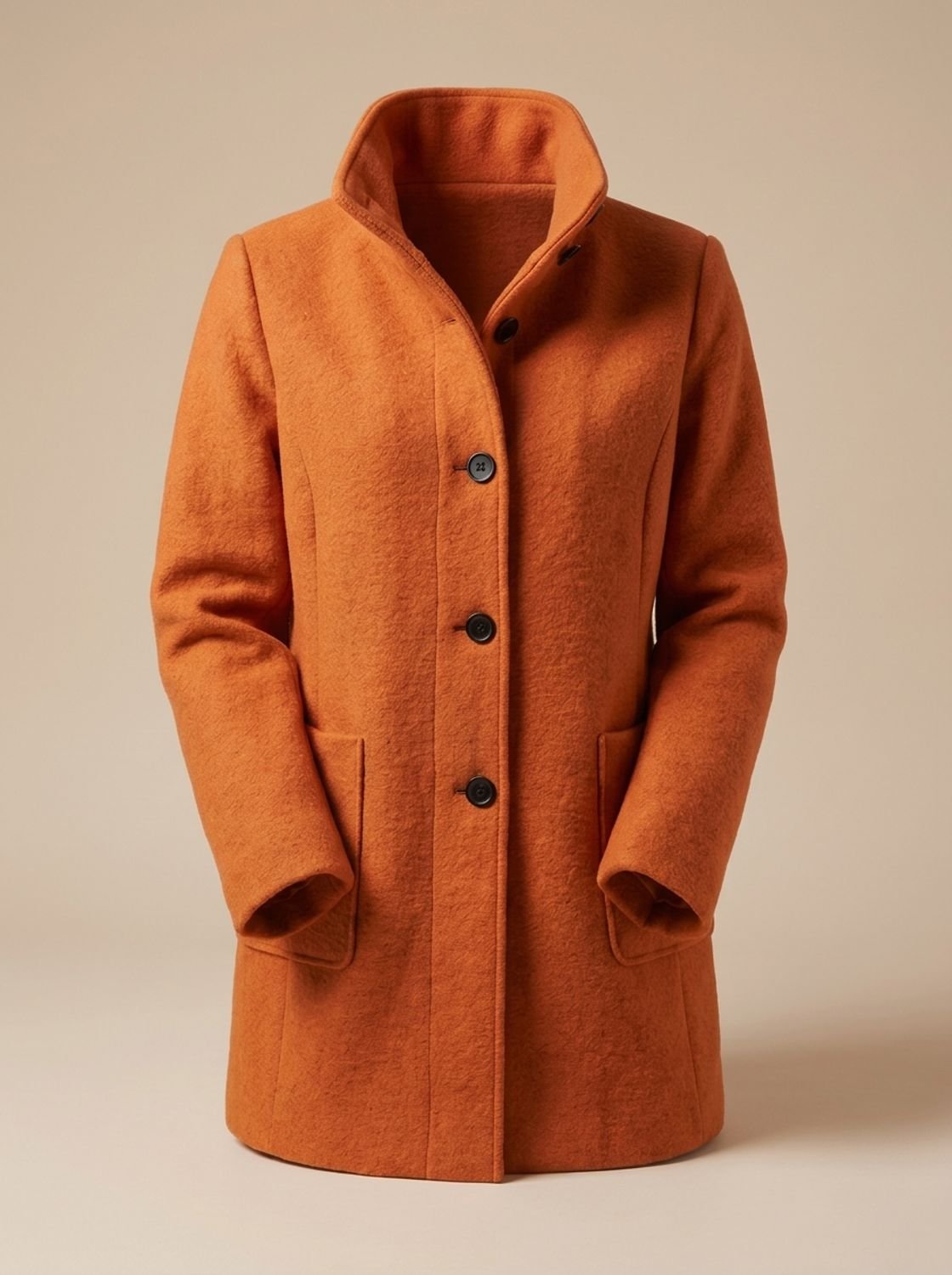Women's Wool Blend Trench Coat High-Collar Button-Front Longline - Orange