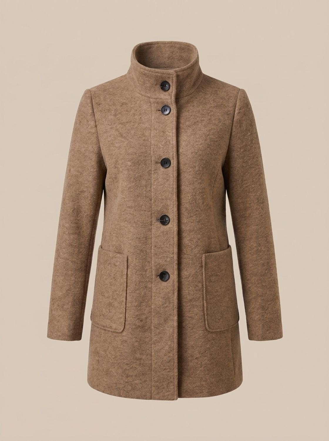Women's Wool Blend Trench Coat High-Collar Button-Front Longline - Khaki