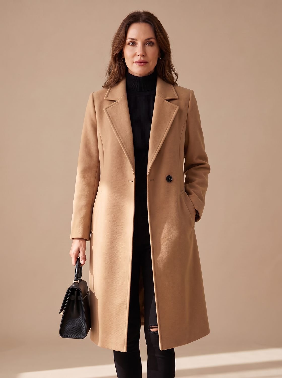 Women's Wool Coat Tailored Longline Belted Overcoat