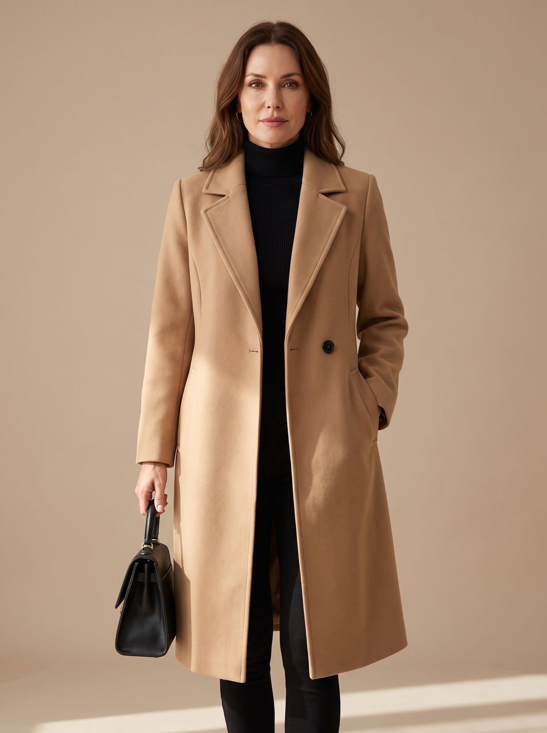 Women's Wool Coat Tailored Longline Belted Overcoat - Beige