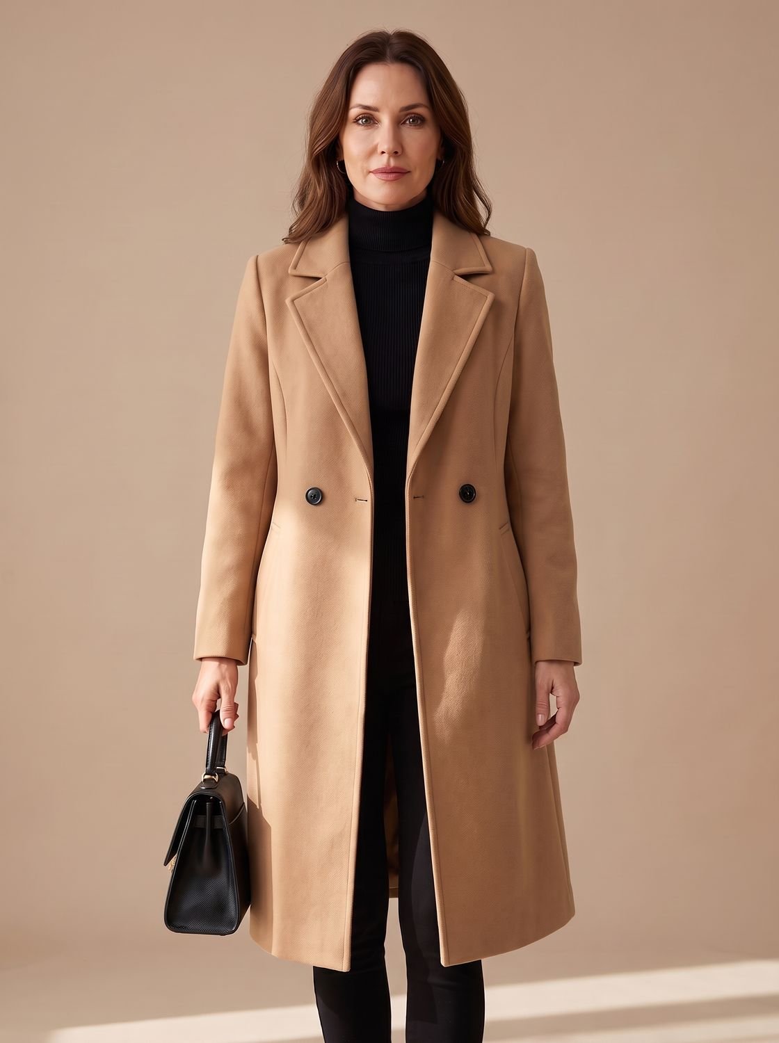 Women's Wool Coat Tailored Longline Belted Overcoat - Brown